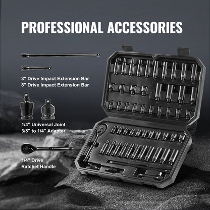 1/4" slaghylsnyckelsats, 55-delars djup och grund hylsnyckelsats SAE 5/32"-9/16" och metrisk 4-15 mm, 6-kantig CR-V-legerat stål för bilreparationer, lättlästa storleksmarkeringar, förvaringsväska