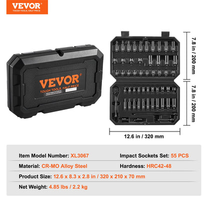 1/4" slaghylsnyckelsats, 55-delars djup och grund hylsnyckelsats SAE 5/32"-9/16" och metrisk 4-15 mm, 6-kantig CR-V-legerat stål för bilreparationer, lättlästa storleksmarkeringar, förvaringsväska