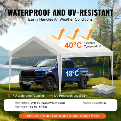 Carport med reservtält 6100 x 3040 mm, Garagetältpresenning, Kraftig, Vattentät och UV-skyddad, Enkel installation med kulband, Vit (Endast toppskydd, ram ingår ej)