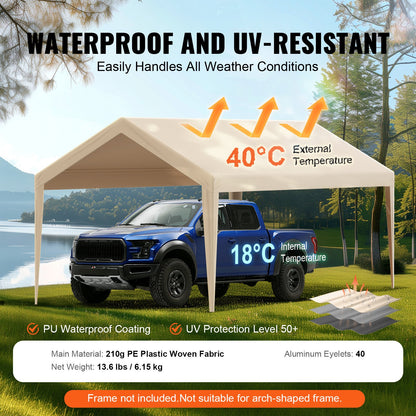 Carportöverdrag, 3,5 x 6,5 m, kraftfullt övertält, vattentätt och UV-skyddat, enkel installation med kulband, beige (endast övertält, ram ingår ej)