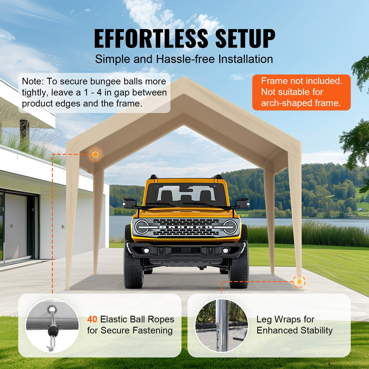 Carportöverdrag, 3,5 x 6,5 m, kraftfullt övertält, vattentätt och UV-skyddat, enkel installation med kulband, beige (endast övertält, ram ingår ej)