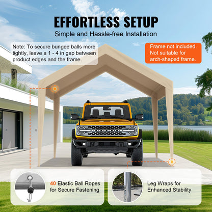 Carportöverdrag, 3,5 x 6,5 m, kraftfullt övertält, vattentätt och UV-skyddat, enkel installation med kulband, beige (endast övertält, ram ingår ej)