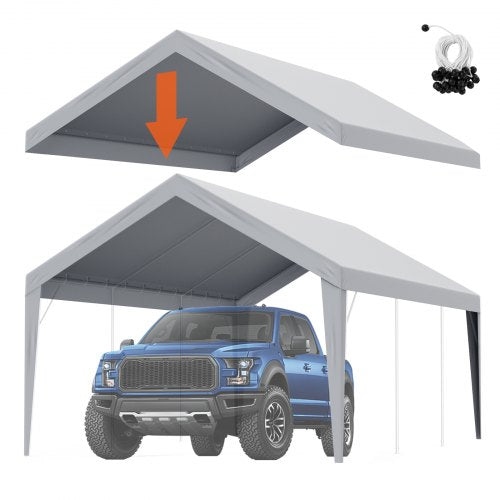 Carport med reservtält, 3,6 x 6,2 m, kraftfull presenning för garagetält, vattentät och UV-skyddad, enkel installation med kulband, grå (endast toppskydd, ram ingår ej)