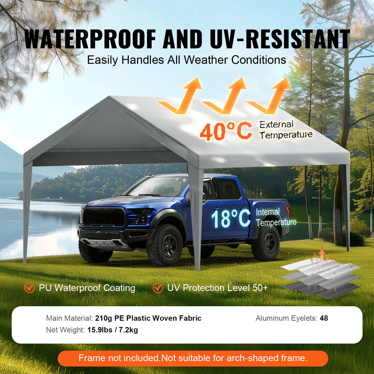 Carport med reservtält, 3,6 x 6,2 m, kraftfull presenning för garagetält, vattentät och UV-skyddad, enkel installation med kulband, grå (endast toppskydd, ram ingår ej)