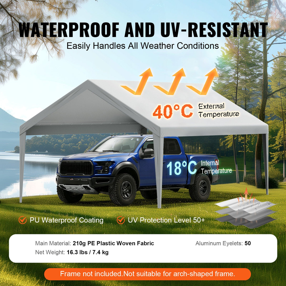 Carportöverdrag, 3,7 x 6,2 m, kraftfull presenning för garagetält, vattentät och UV-skyddad, enkel installation med kulband, grå (endast överdrag, ram ingår ej)