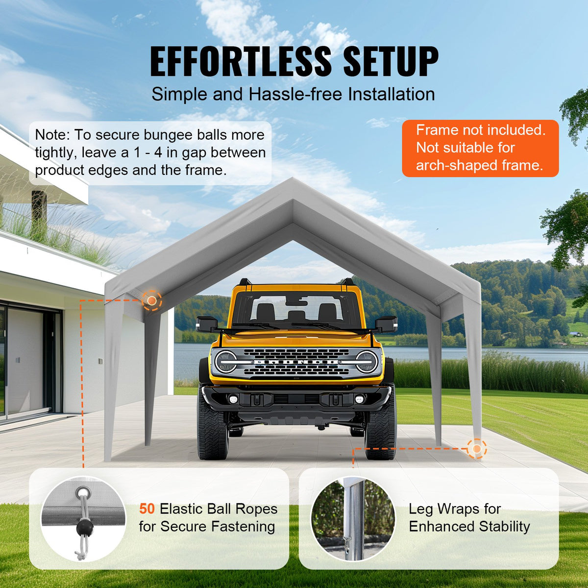 Carportöverdrag, 3,7 x 6,2 m, kraftfull presenning för garagetält, vattentät och UV-skyddad, enkel installation med kulband, grå (endast överdrag, ram ingår ej)