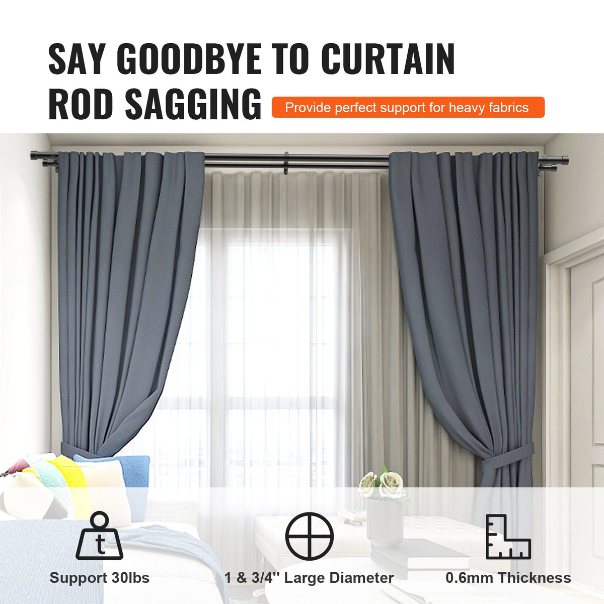 Double Rod Curtain Rods, 182.9-365.8 cm Adjustable Length, Black Double Curtain Rods with Cap Finials, 2.5 cm and 1.9 cm Diameter, Double Window Drapery Rod for Sheer and Blackout Curtains