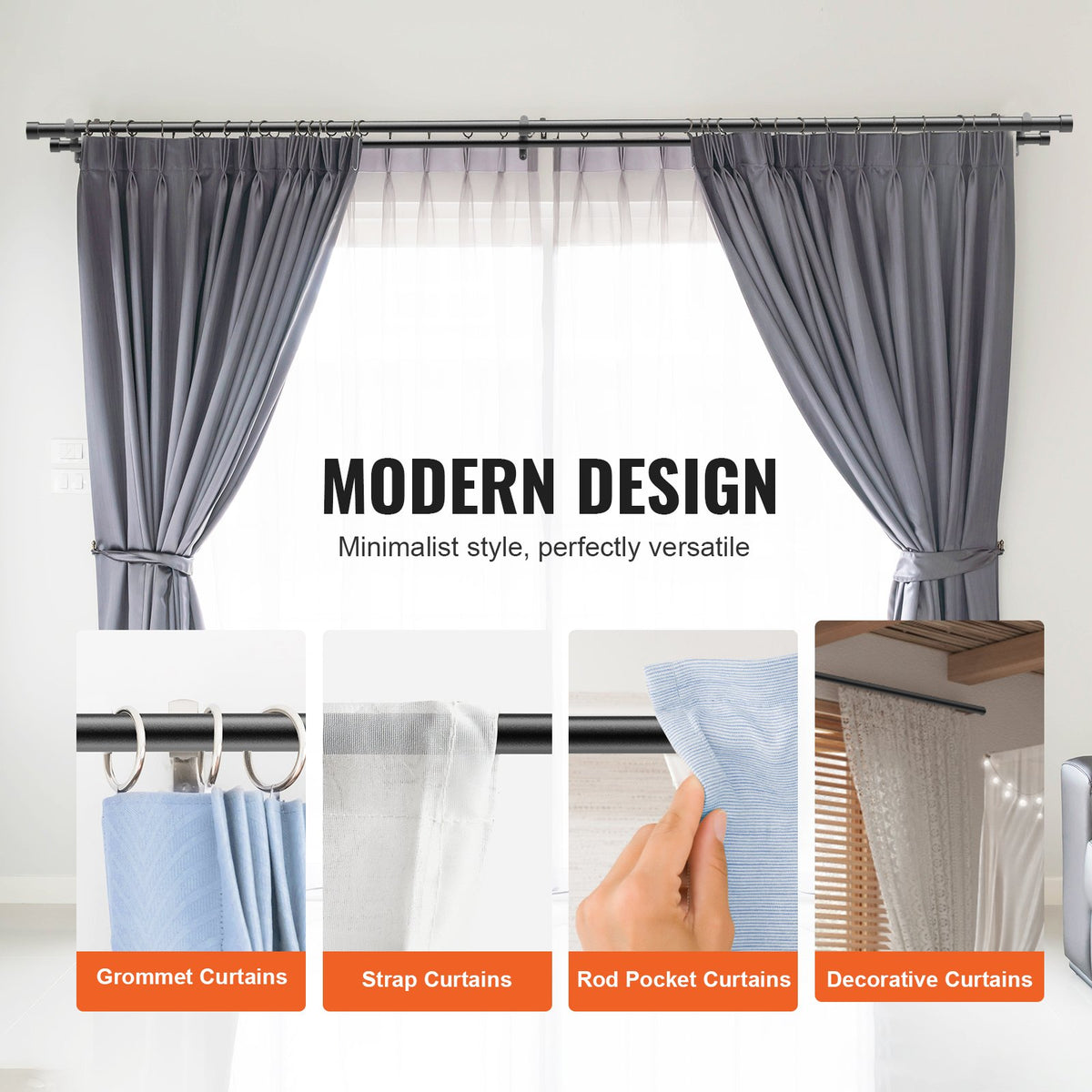 Double Rod Curtain Rods, 182.9-365.8 cm Adjustable Length, Black Double Curtain Rods with Cap Finials, 2.5 cm and 1.9 cm Diameter, Double Window Drapery Rod for Sheer and Blackout Curtains