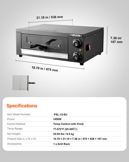 Electric Pizza Oven, 304.8mm Countertop Pizza Oven, 25 to 300℃ Temp Range, 1450W Indoor Pizzas Maker w/Timing & Temp Control, Pizzas Cooker w/Dual Heat Tube, Grill Rack, for Kitchen & Commercial