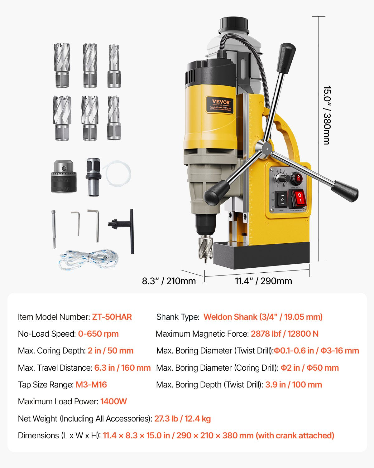 Magnetic Drill, 1400W Motor 2 in Boring Diameter, 2878 lbf Electric Mag Drill Press, with 6 Coring Bits, Variable Speed, Drilling Machine for Metal Surface, Home Improvement Industry, Yellow