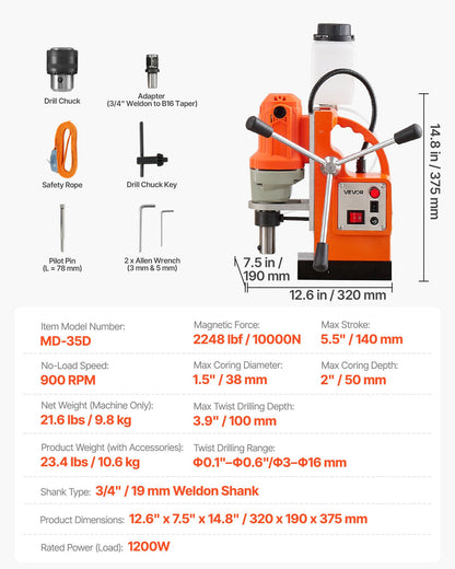 Magnetisk borrpress, 1200 W, 38 mm borrdiameter, 10000N kraftmagnetborrpress, 900 varv/min, med Weldon-skaft, effektiv kylning, för metallytor, industri och heminredning