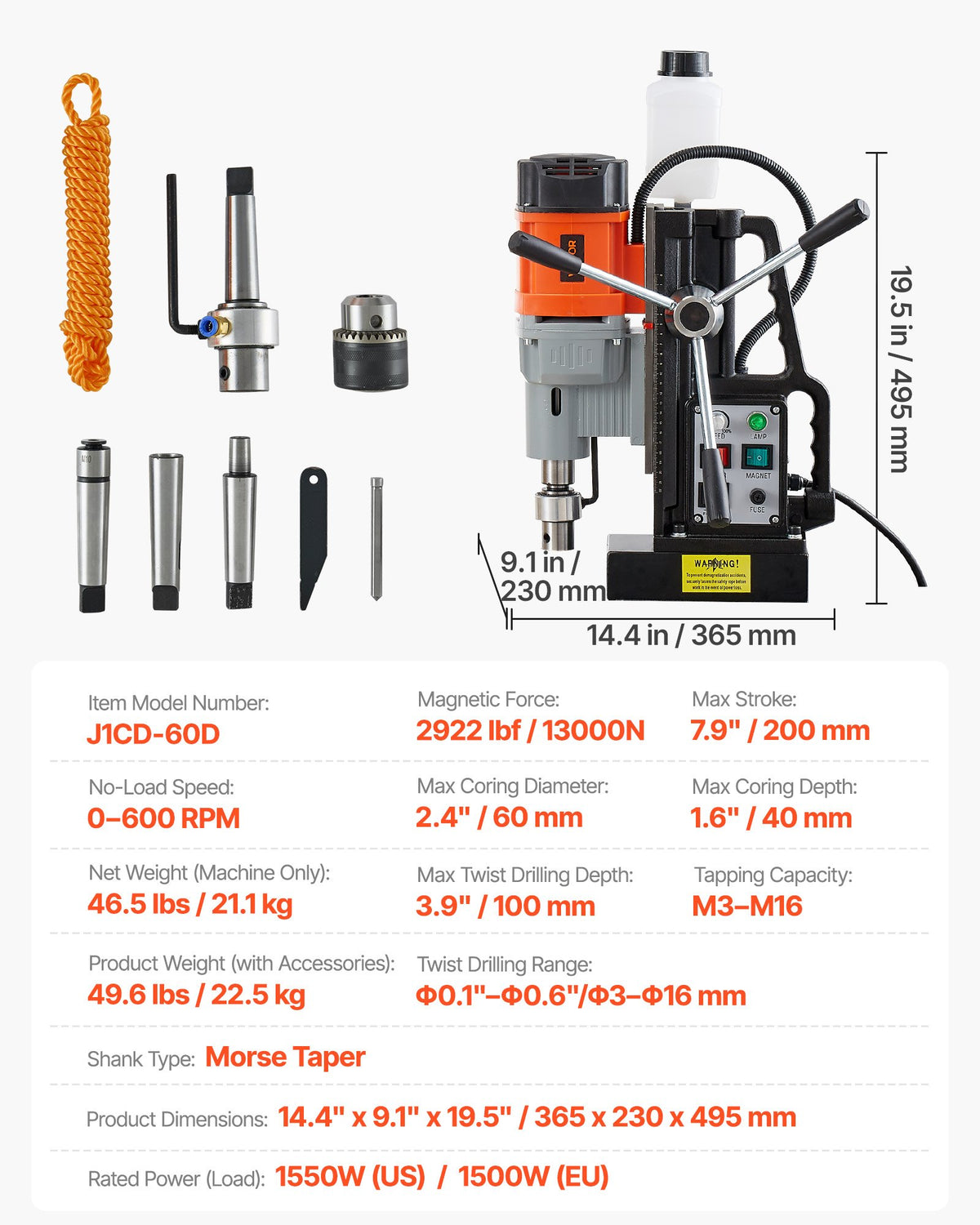 Magnetisk borrpress, 1500 W, 60 mm borrdiameter, 13000N kraftmagnetborrpress, 0-600 varv/min justerbar hastighet, morsekona, M3-M16 gängning, för metallytor, industri och heminredning
