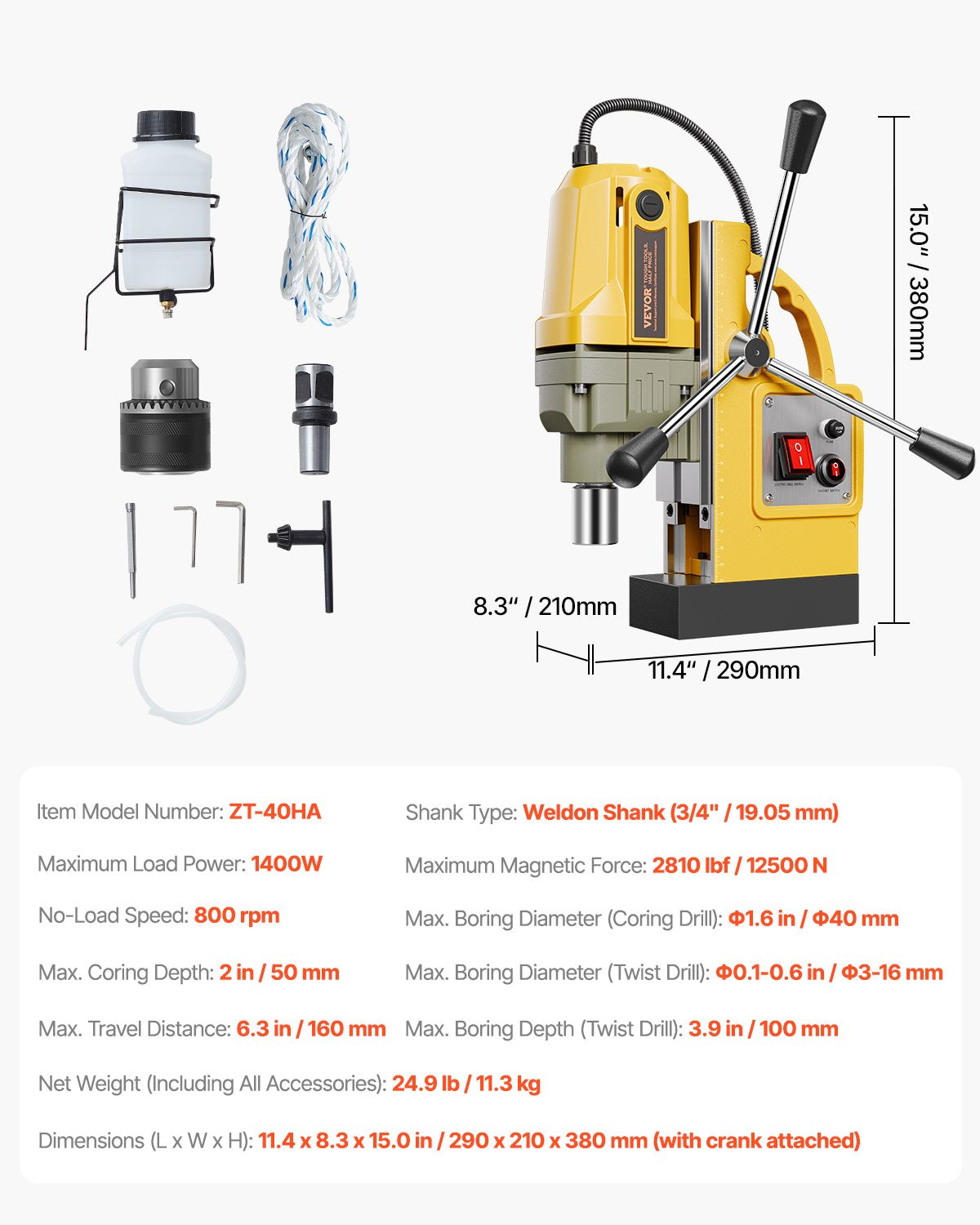 Magnetborrmaskin, 1400W motor, 1,6 tum borrdiameter, 2810 lbf bärbar elektrisk magnetborrpress, 800 varv/min tomgångshastighet, borrmaskin för metallytor, industri och heminredning