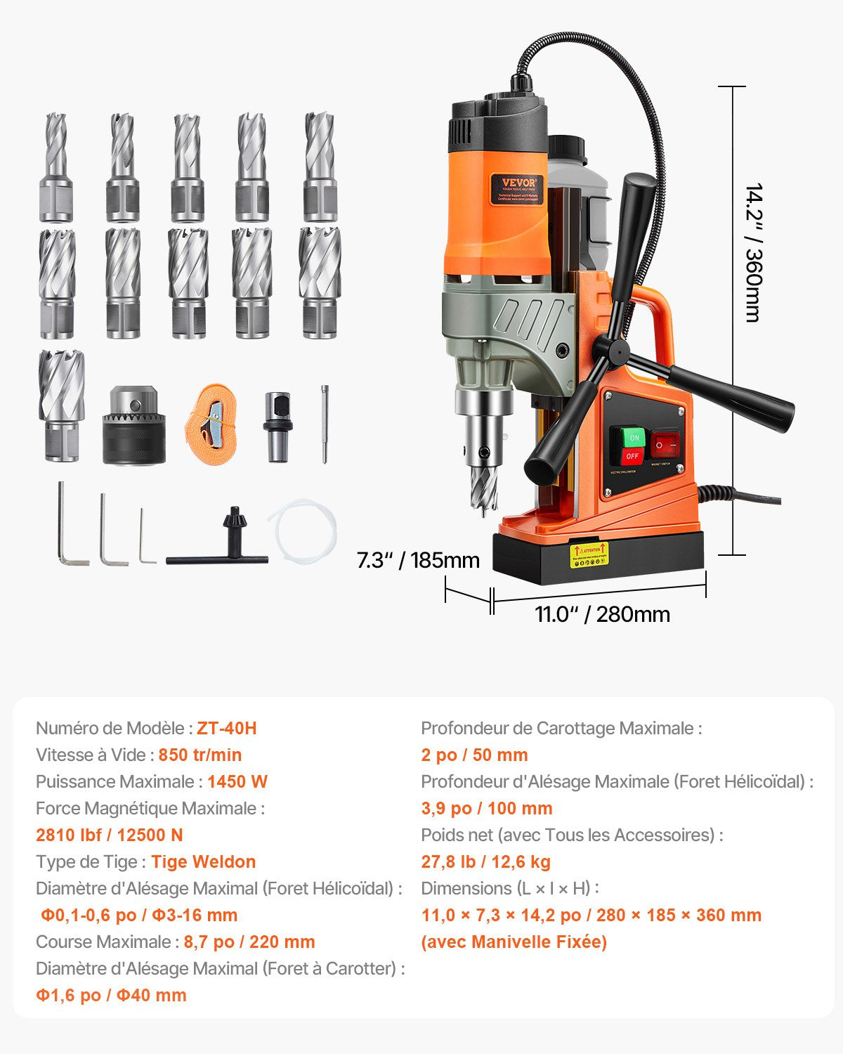 Magnetborrmaskin, 1450W motor, 1,6 tum borrdiameter, 2810 lbf bärbar elektrisk magnetborrpress, med 11 kärnborrar, 850 varv/min hastighet, borrmaskin för metallytor, heminredningsindustrin