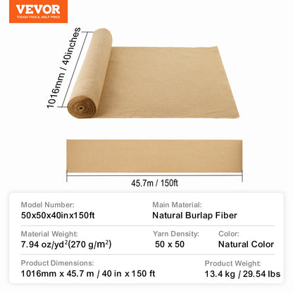 Rulle av säckväv, 40” x 150 ft och 50 x 50 högdensitets breda naturliga säckvävrullar, rulle av jutetyg ​​för träd, för dekoration, hantverk, bröllop, trädgårdsskötsel, vintertäckning för växter och träd