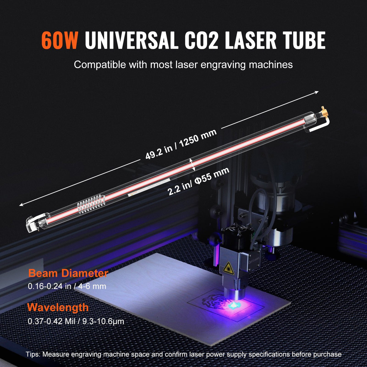 60W CO2-laserrör, 49,2 tum (1250 mm) längd, 2 tum (55 mm) diameter för laserskärrör i borsilikatglas med metallhuvud, 5000–6000 timmars kablar förkopplade för lasergravyr/skärmaskin