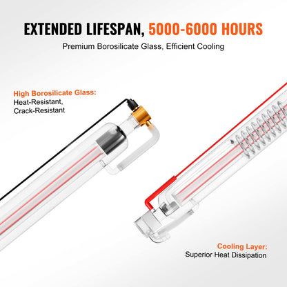 60W CO2-laserrör, 49,2 tum (1250 mm) längd, 2 tum (55 mm) diameter för laserskärrör i borsilikatglas med metallhuvud, 5000–6000 timmars kablar förkopplade för lasergravyr/skärmaskin