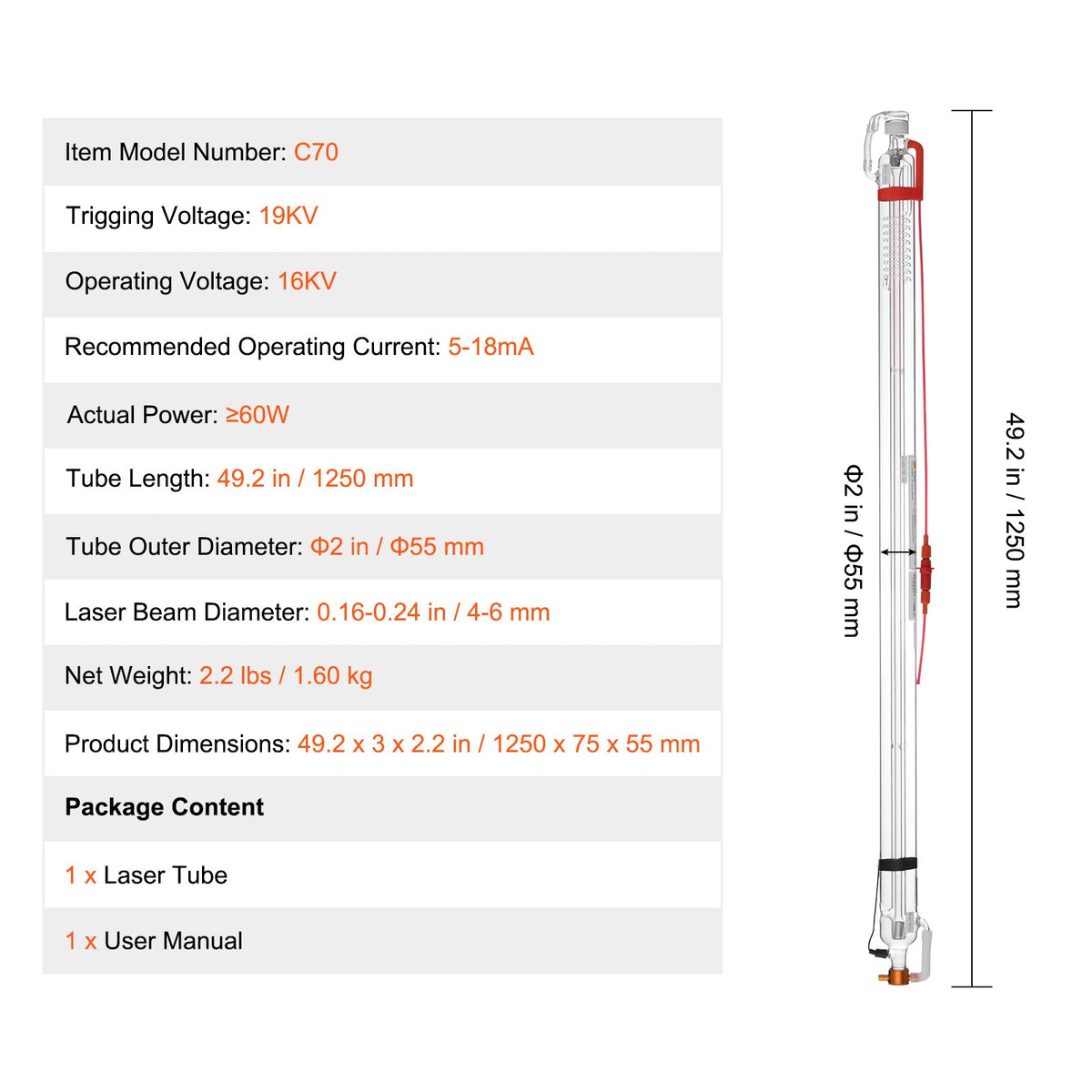 60W CO2-laserrör, 49,2 tum (1250 mm) längd, 2 tum (55 mm) diameter för laserskärrör i borsilikatglas med metallhuvud, 5000–6000 timmars kablar förkopplade för lasergravyr/skärmaskin