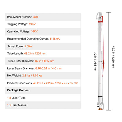 60W CO2-laserrör, 49,2 tum (1250 mm) längd, 2 tum (55 mm) diameter för laserskärrör i borsilikatglas med metallhuvud, 5000–6000 timmars kablar förkopplade för lasergravyr/skärmaskin