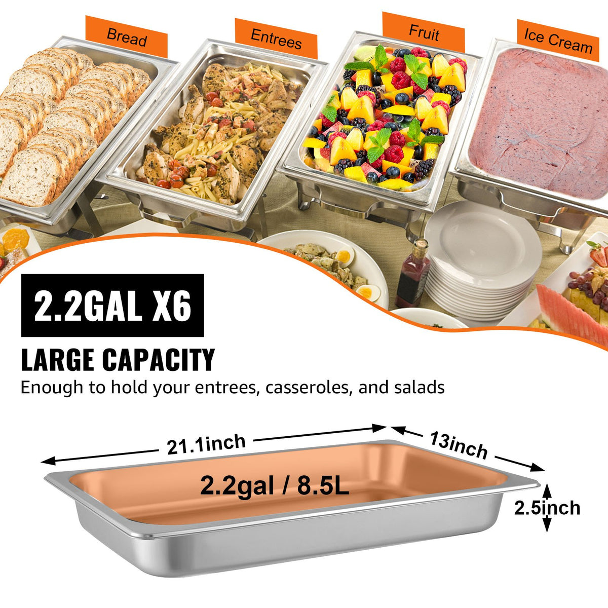 6-pack ångbordsformar 20,9 x 12,8 x 2,6 tum djupa ångbordsformar full storlek 8,5 l djup matbehållare rostfritt stål ugnsplåt hotellformar anti-jam ångbordsform mat