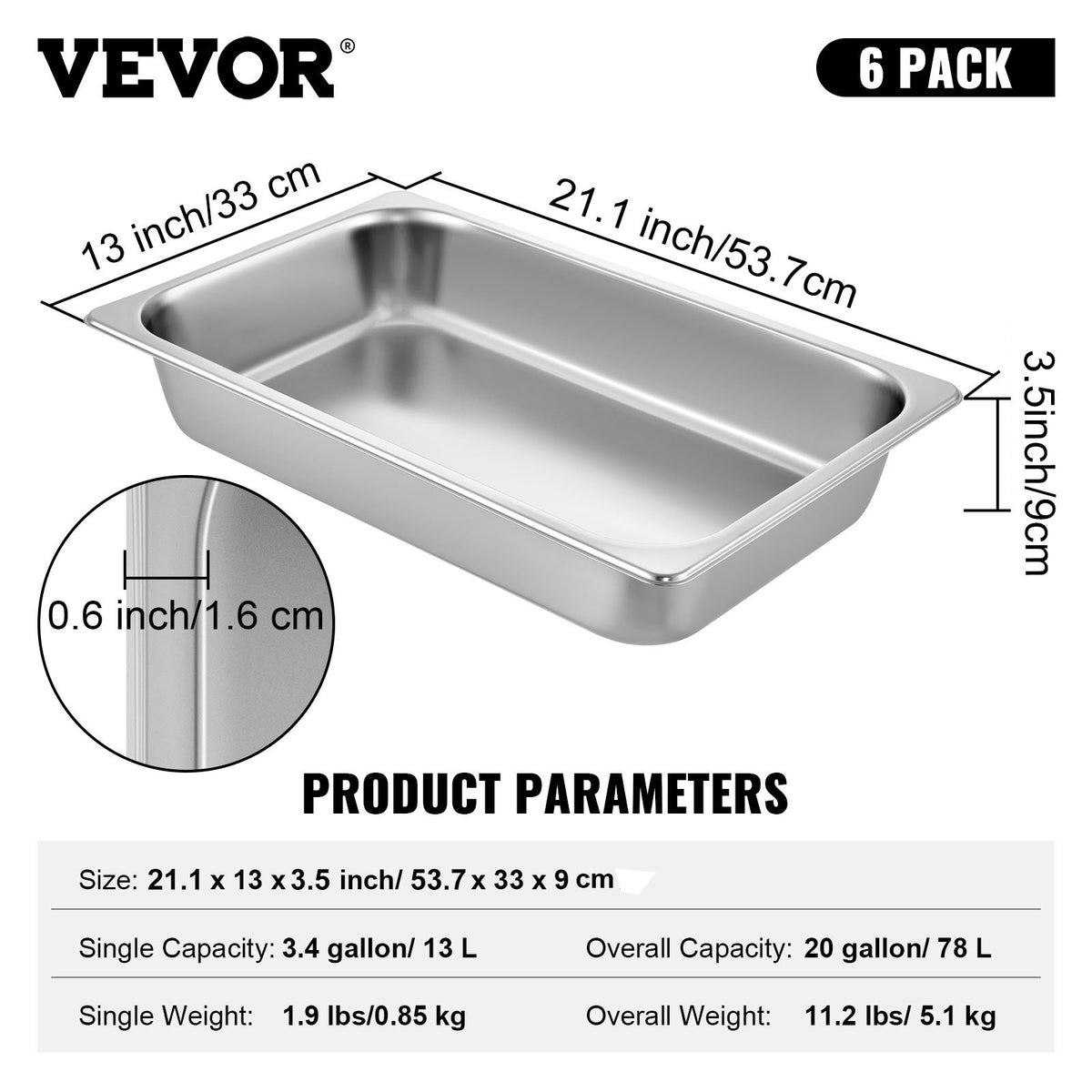 6-pack ångbordsformar 20,9 x 12,8 x 3,9 tum djupa ångbordsformar i full storlek 13 liter djup matbehållare rostfritt stål ugnsplåt hotellformar anti-jam ångbordsform för mat