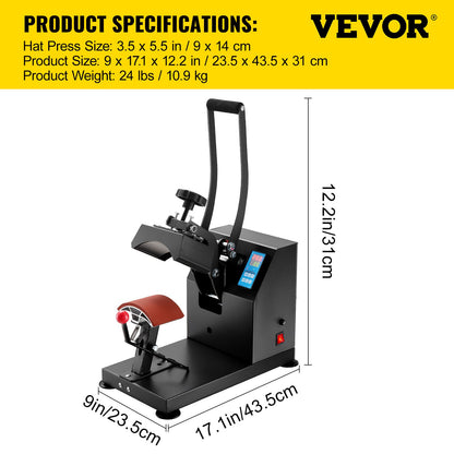 Hattvärmepress 5,5 x 3,5 tums värmepressmaskin 600W professionell hattvärmepressmaskin för hattar, mössor, transferpress med 12 000 timmars livslängd, digital LCD-timer och temperaturkontroll