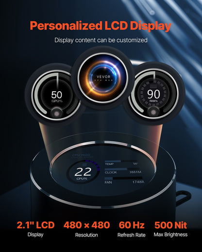 CPU Liquid Cooler, AIO CPU Water Cooler - 3 x 120mm PWN Fans, Pump & 2.1" LCD Display, Max 2200PRM Black CPU Cooling Fan, Compatible for Intel 115X/1366/2011/1700/1200, AMD AM4/AM5