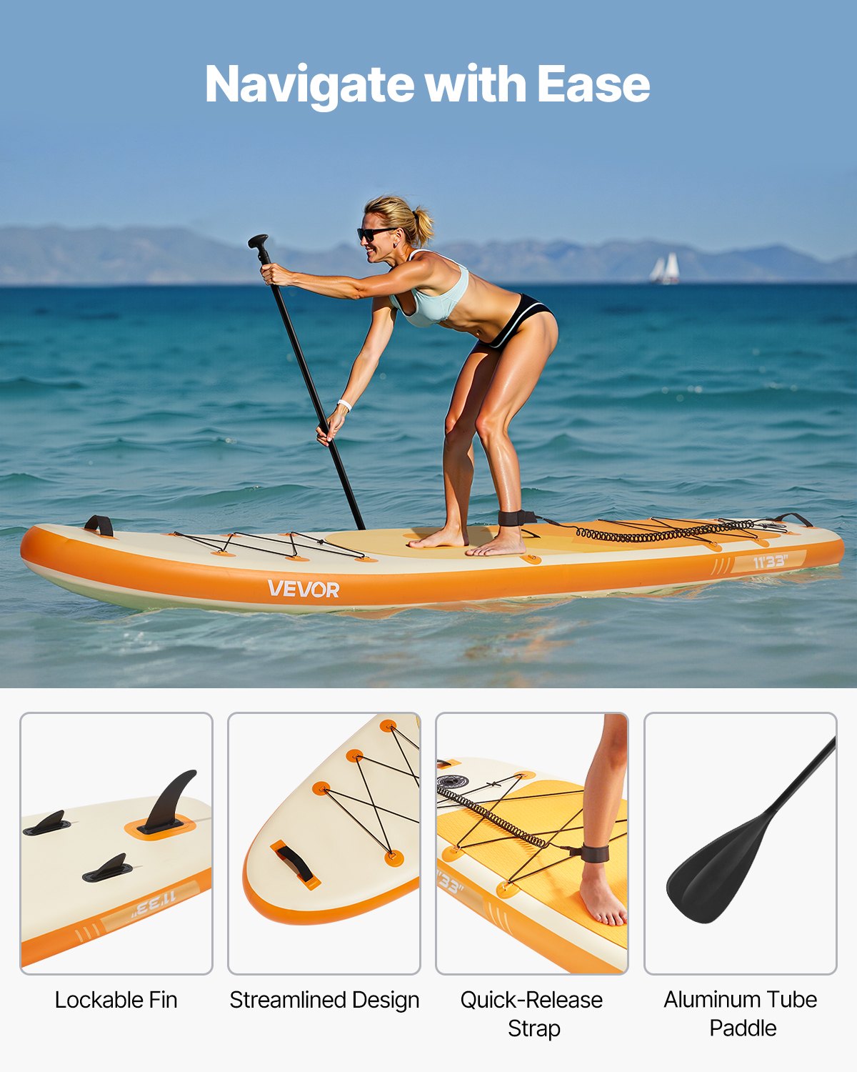 Uppblåsbar ståuppspaddelbräda, 3,35 m x 84 cm x 15 cm bred ultralätt SUP-paddelbräda, alla tillbehör ingår, pump, paddel, fena, ryggsäck, fotledsrem, rem, halkfritt däck för ungdomar och vuxna