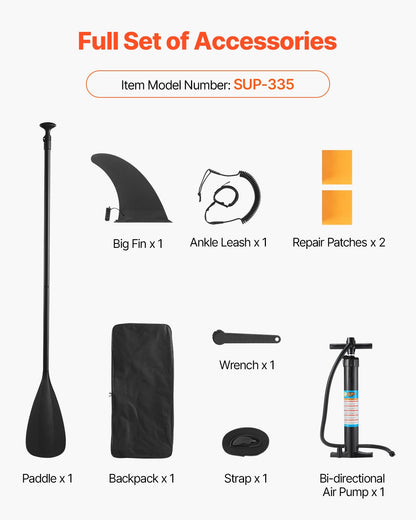 Uppblåsbar ståuppspaddelbräda, 3,35 m x 84 cm x 15 cm bred ultralätt SUP-paddelbräda, alla tillbehör ingår, pump, paddel, fena, ryggsäck, fotledsrem, rem, halkfritt däck för ungdomar och vuxna