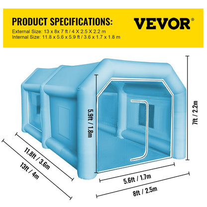 Uppblåsbart tält, 13 x 8 x 7 fot uppblåsbart sprutboxtält specialanpassat, uppblåsbart målarboxtält, arbetsstation för billackeringsbox, 210D Oxford-tyg med 2 blåsmaskiner