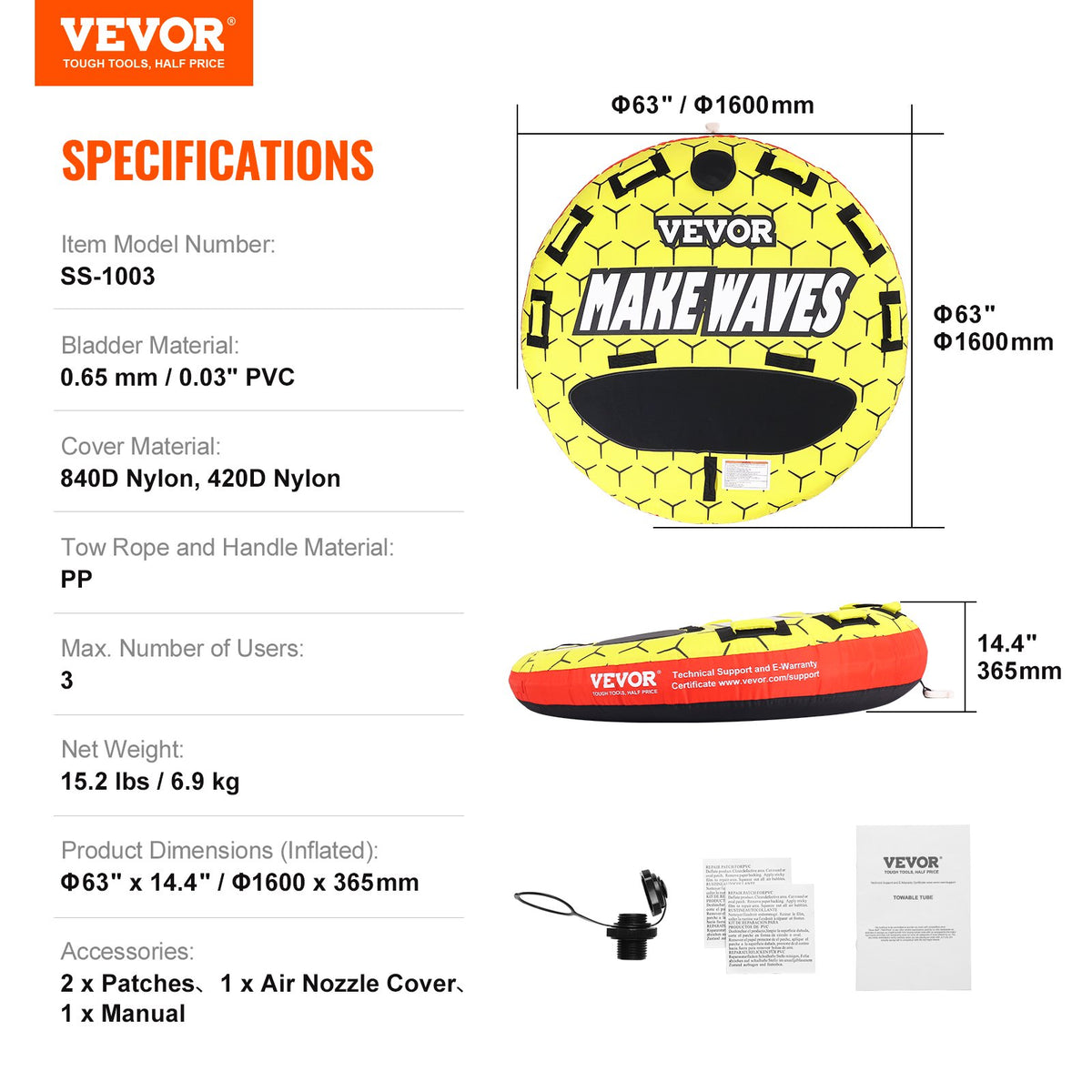 Towable Tube for Boating, 1-3 Riders Inflatable Boat Tubes and Towables, 510 lbs, 63" Round Water Sport Towable Tubes for Boats to Pull, Full Nylon Cover, EVA Grab Handles and Speed Safety Valve