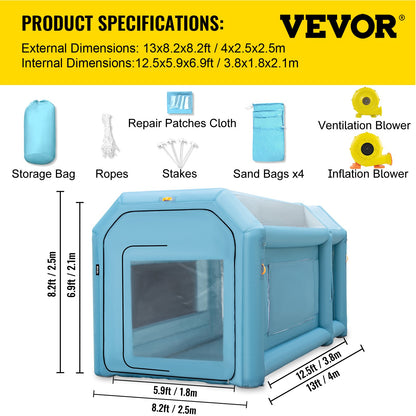Bärbar uppblåsbar målarbox, 396,24 x 243,8 x 243,8 cm uppblåsbar sprutbox, billackeringstält med luftfiltersystem och 2 blåsmaskiner, uppgraderat uppblåsbart sprutboxstält, billackeringsarbetsstation för motorcykelgarage