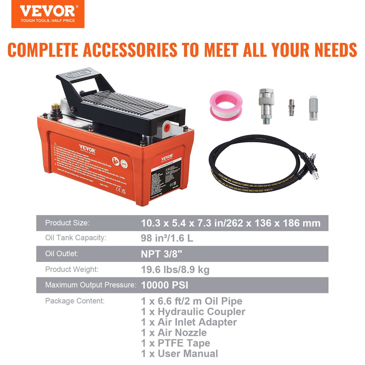 Air Hydraulic Pump, 6895 bar 1.9L Reservoir, NPT 10mm Oil Outlet, NPT 6.4mm Inlet, 2m Pipe, Foot Actuated Hydraulic Pump Air Treadle for Auto Body Frame Machines and Pulling Post, Orange