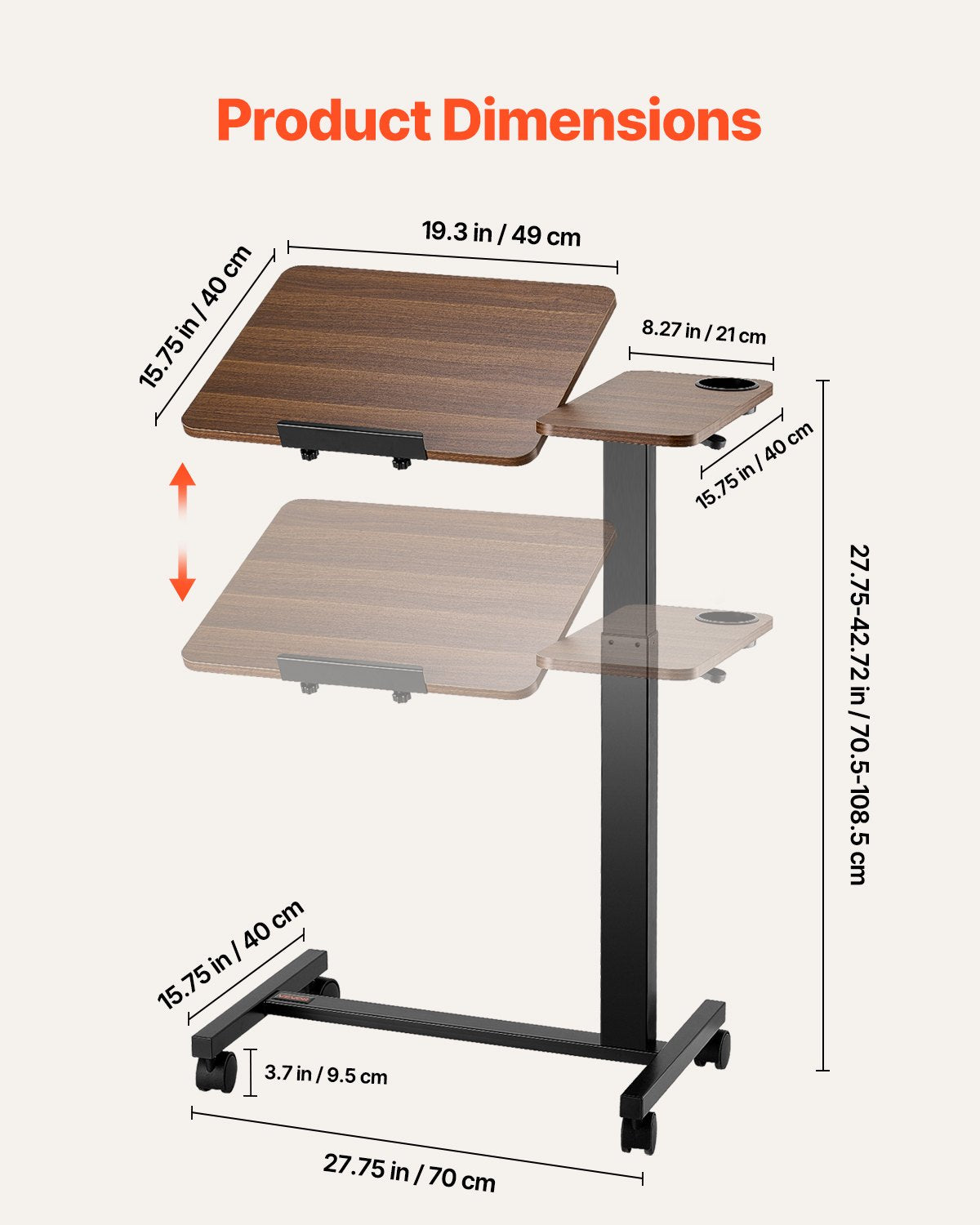 Översängsbord, mobilt sängbord med fällbart skrivbord och 4 hjul, höjd- och vinkeljusterbart rullande laptopskrivbord med mugghållare, bärbart översängsbord för hem, kontor, studier, trä + svart