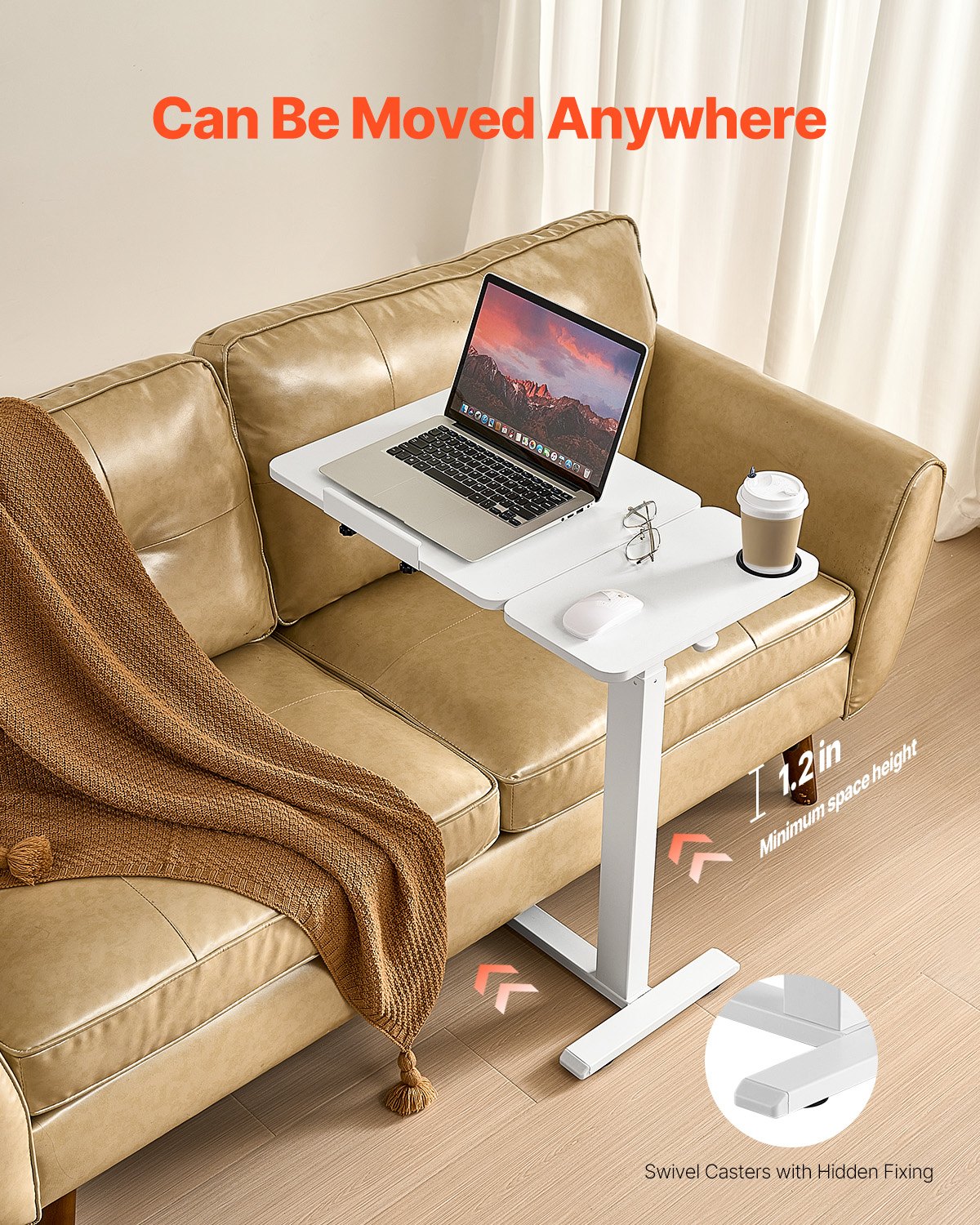 Overbed Table, Mobile Bed Side Table with Flip Desktop and 4 Hidden Wheels, Height & Angle Adjustable Rolling Laptop Desk with Cup Holder, Portable Over Bed Desk for Home, Office, Study, White