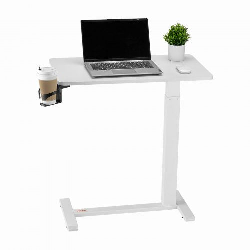 Översängsbord, mobilt sidobord med 4 dolda hjul, höjdjusterbart rullande laptopskrivbord med mugghållare, bärbart spånskivsskrivbord över sängen för hem, kontor, studier, vit