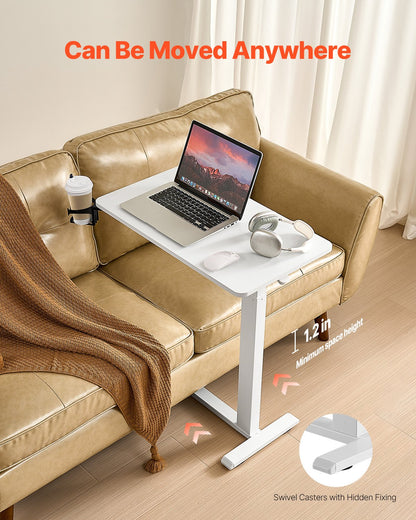 Översängsbord, mobilt sidobord med 4 dolda hjul, höjdjusterbart rullande laptopskrivbord med mugghållare, bärbart spånskivsskrivbord över sängen för hem, kontor, studier, vit