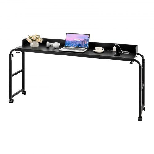 Översängsbord, mobilt sidobord med 4 hjul (2 med bromsar) och eluttag, höjdjusterbart rullande laptopskrivbord, bärbart spånskivsbord över sängen för hem, kontor, studier, svart