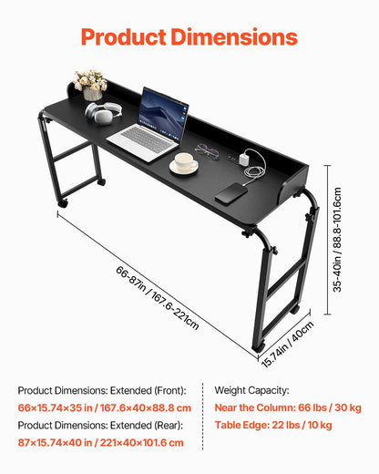 Översängsbord, mobilt sidobord med 4 hjul (2 med bromsar) och eluttag, höjdjusterbart rullande laptopskrivbord, bärbart spånskivsbord över sängen för hem, kontor, studier, svart