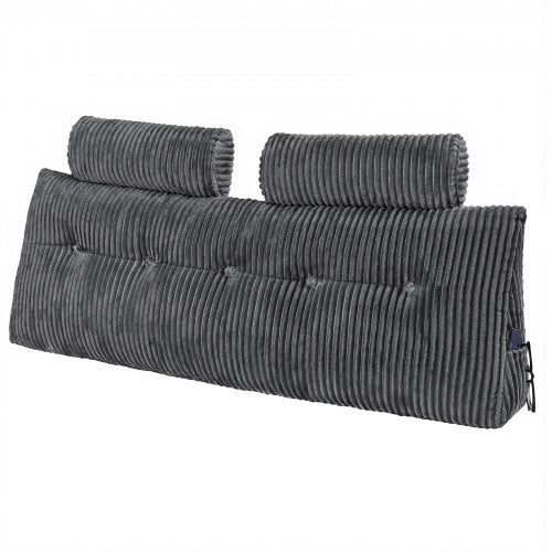 Kudde för huvudgavel, kilformad huvudgavelkudde i queen size med 2 sidofickor och 2 nackstöd, kilformad kudde med tvättbar flanellduk, för läsning, spel, vila, arbete i sängen, grå