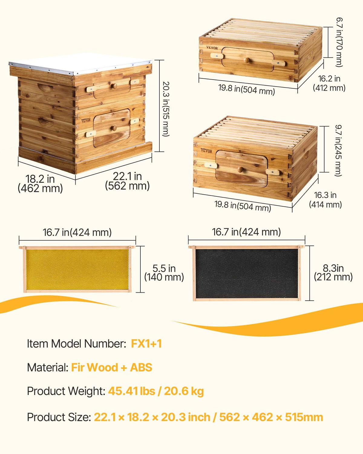 Bee Hive 20-rams bikupor startpaket, bivaxbelagt gran, 1 djup + 1 medelstor bilåda Langstroth bikupa kit, transparenta akrylfönster med fundament för nybörjare, professionella biodlare