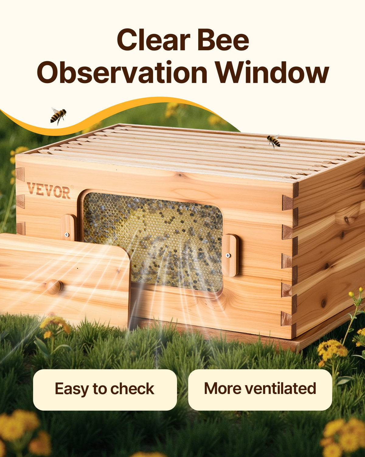 Bee Hive 40-rams bikupor startpaket, bivaxbelagt granträ, 2 djupa + 2 medelstora bikupor Langstroth bikupesats, transparenta akrylfönster med fundament för nybörjare och professionella biodlare