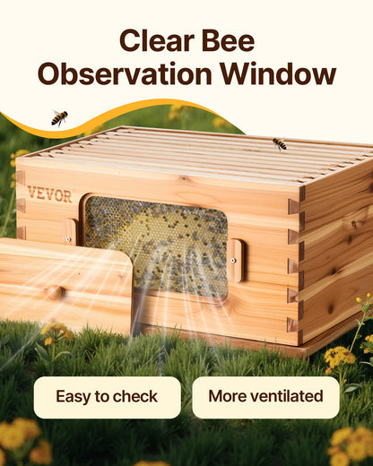 Bee Hive 40-rams bikupor startpaket, bivaxbelagt granträ, 2 djupa + 2 medelstora bikupor Langstroth bikupesats, transparenta akrylfönster med fundament för nybörjare och professionella biodlare