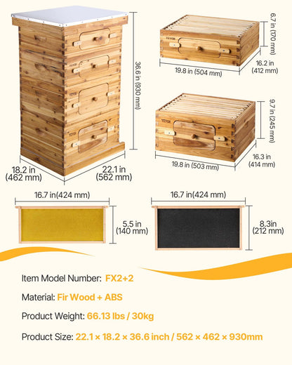 Bee Hive 40-rams bikupor startpaket, bivaxbelagt granträ, 2 djupa + 2 medelstora bikupor Langstroth bikupesats, transparenta akrylfönster med fundament för nybörjare och professionella biodlare