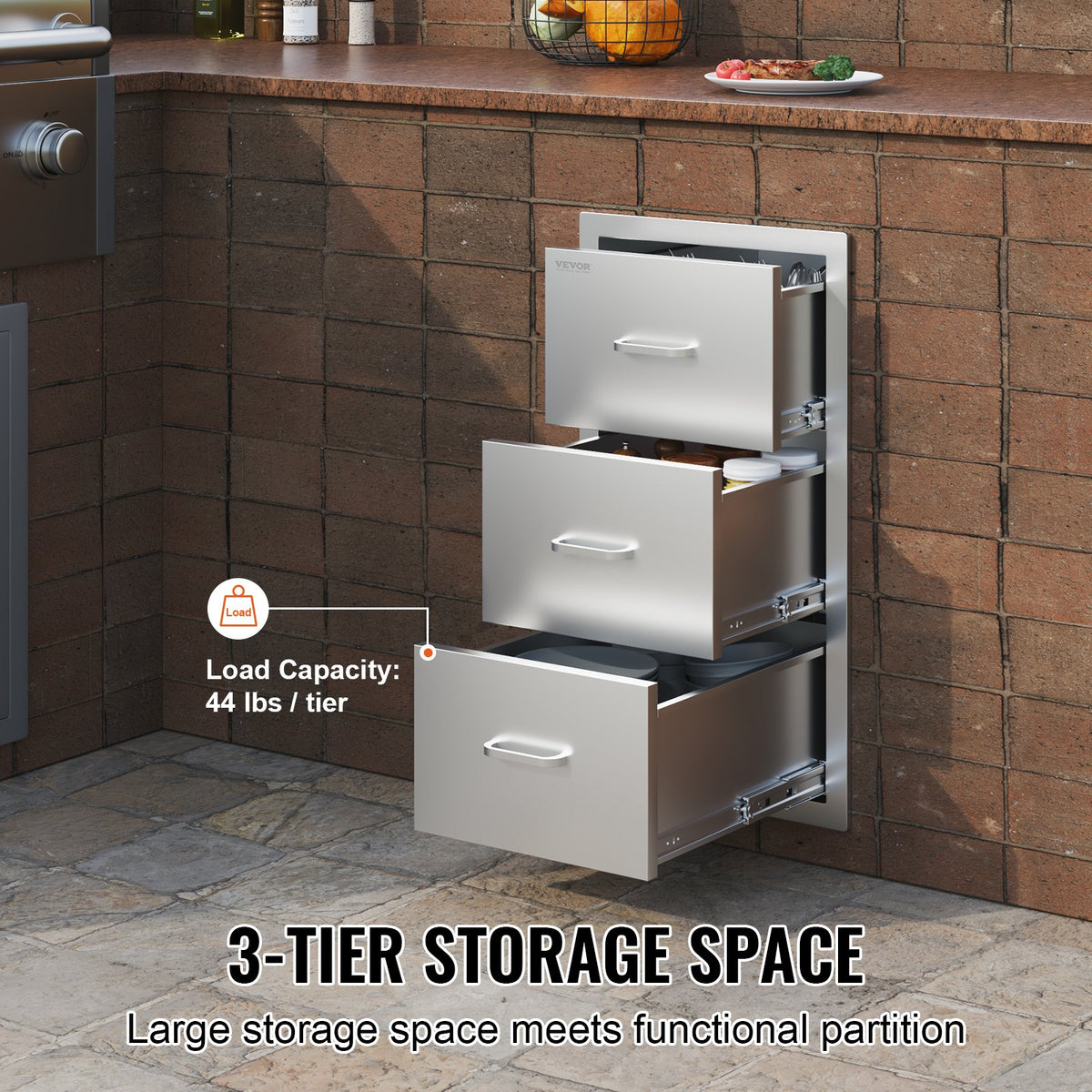 Outdoor Kitchen Drawers 16\" W x 28.5\" H x 20.5\" D, Flush Mount Triple Access BBQ Drawers Stainless Steel with Handle, BBQ Island Drawers for Outdoor Kitchens or Patio Grill Station