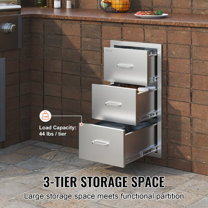 Outdoor Kitchen Drawers 16\" W x 28.5\" H x 20.5\" D, Flush Mount Triple Access BBQ Drawers Stainless Steel with Handle, BBQ Island Drawers for Outdoor Kitchens or Patio Grill Station