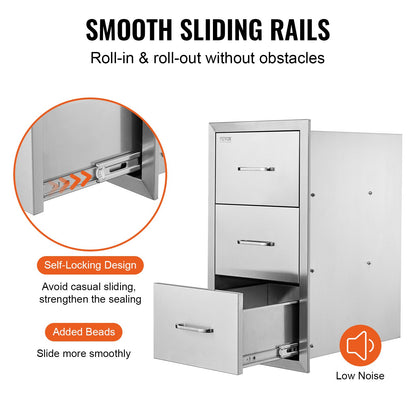 Outdoor Kitchen Drawers 16\" W x 28.5\" H x 20.5\" D, Flush Mount Triple Access BBQ Drawers Stainless Steel with Handle, BBQ Island Drawers for Outdoor Kitchens or Patio Grill Station