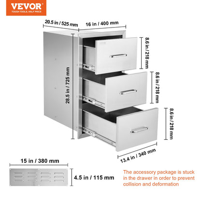 Outdoor Kitchen Drawers 16\" W x 28.5\" H x 20.5\" D, Flush Mount Triple Access BBQ Drawers Stainless Steel with Handle, BBQ Island Drawers for Outdoor Kitchens or Patio Grill Station
