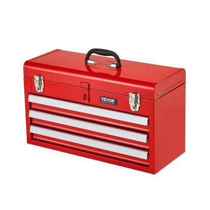 Metal Tool Box, 20.5-inch, Portable Metal Tool Box with 3 Drawers, Small Tool Chest with EVA Liners, Ball Bearing Slide Drawers Locking & Powder Coated Finish, Multi-Function Tool Organizer, Red
