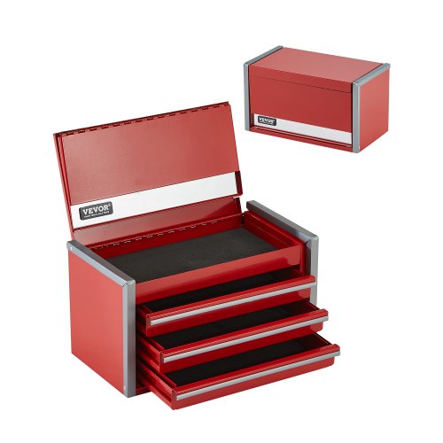 Metal Tool Box, 8.6-inch, Portable Metal Tool Box with 3 Drawers, Small Tool Chest with EVA Liners and PP Feet Pads, Heavy-Duty Steel With Ball Bearing Opening and Powder Coated Finish, Red